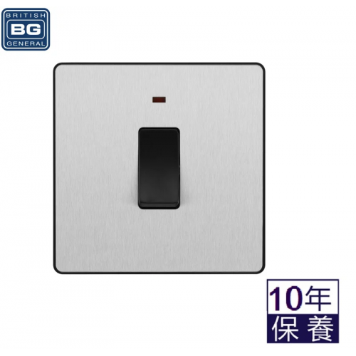 British General - Evolve 20A Double Pole Switch. Power Indicator. Brushed Steel/ Black PCDBS31B