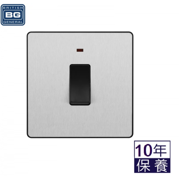 British General - Evolve 20A Double Pole Switch. Power Indicator. Brushed Steel/ Black PCDBS31B