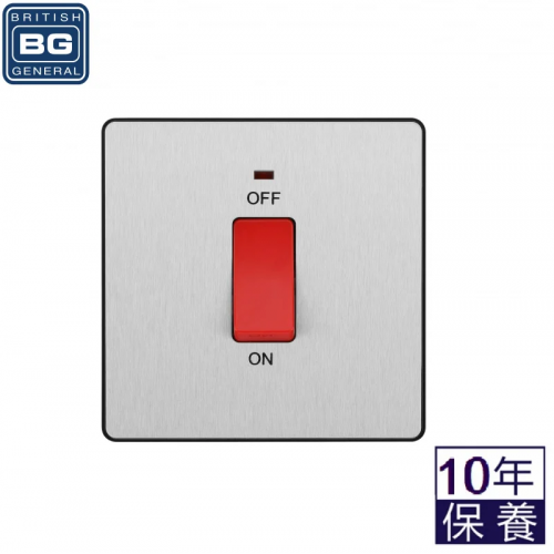 British General - Evolve 45A Double Pole Switch. Power Indicator. Brushed Steel/ Black PCDBS74B