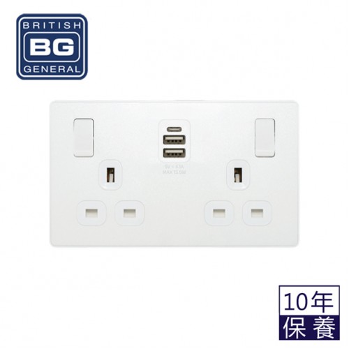 BG - British General Evolve PCDCL22UAAC15W 13 Amp Double Switch with Type A x2 & C Pearlescent White