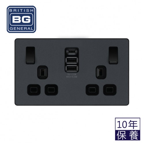 BG - British General Evolve PCDMG22UAAC15B 13 Amp Double Switch with Type A x2 & C Matt Grey