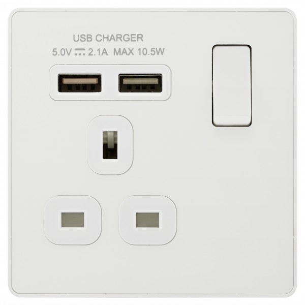 BG - Evolve 13A Single Switch with USB. Polished White PCDWH21U2W
