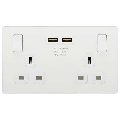 BG - Evolve 13 Amp Double Switch with USB. Polished White PCDWH22U3W