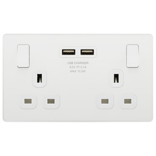 BG - Evolve 13 Amp Double Switch with USB. Polished White PCDWH22U3W