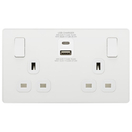 Evolve 13 Amp Double Switch with Type A & C. Polished White PCDWH22UAC30W