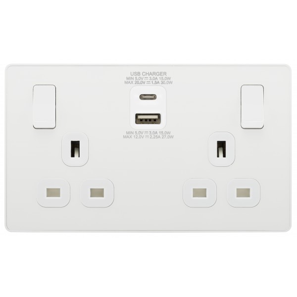 Evolve 13 Amp Double Switch with Type A & C. Polished White PCDWH22UAC30W