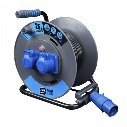 Masterplug OL251622PEBL 25M Cable Reel with 2P+E sockets and plug 2x16A Blue & Black
