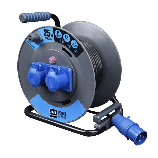 Masterplug OL251622PEBL 25M Cable Reel with 2P+E sockets and plug 2x16A Blue & Black