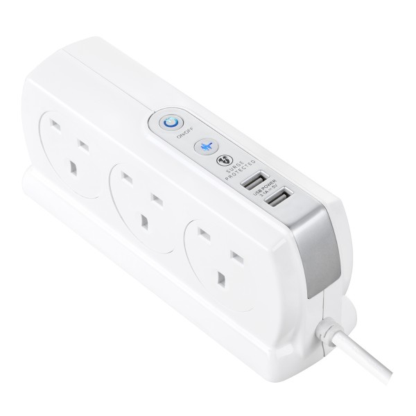 Masterplug SRGDSU63PW Surge Compact 2 USB X3.1A with 6 x13A 3M extension lead High gloss White 