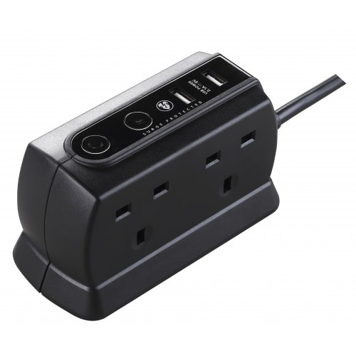 Masterplug SRGDU42MB2 Compact Surge Protected 2 USB X2.1A with 4 Sockets 2M Extension Leads  Matt Black 