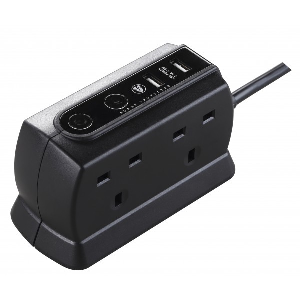 Masterplug SRGDU42MB2 Compact Surge Protected 2 USB X2.1A with 4 Sockets 2M Extension Leads  Matt Black 