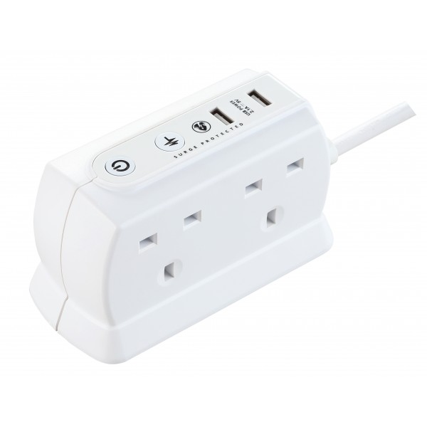 Masterplug SRGDU42MW2 Compact Surge Protected 2 USB X2.1A with 4 Sockets 2M Extension Leads  White