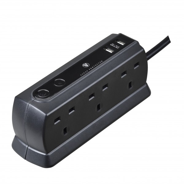 Masterplug SRGDU62MB2 Compact Surge Protected 2 USB X2.1A with 6 Sockets 2M Extension Leads  Matt Black 
