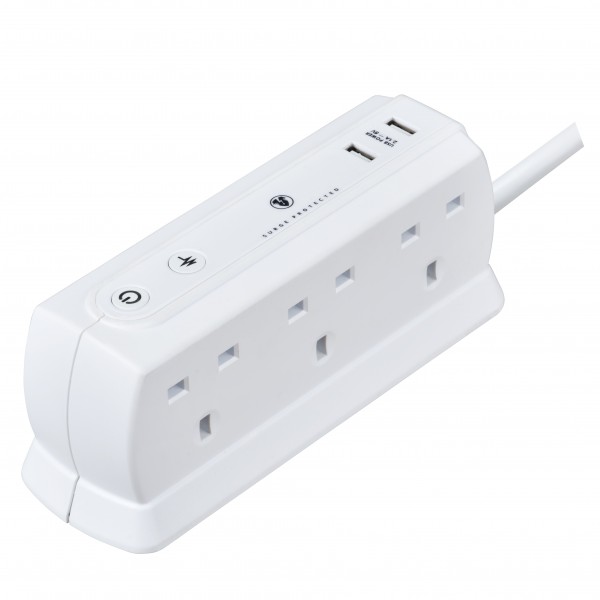 Masterplug SRGDU62MW2 Compact Surge Protected 2 USB X2.1A with 6 Sockets 2M Extension Leads White