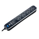 Masterplug SRGLSU43PB Surge 2X USB 3.1A with 4X13A 3M Extension lead High gloss finish Switched Gloss Black
