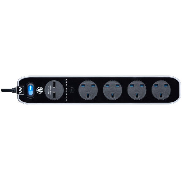 Masterplug SRGLSU43PB Surge 2X USB 3.1A with 4X13A 3M Extension lead High gloss finish Switched Gloss Black
