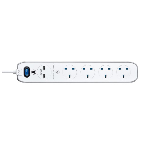 Masterplug SRGLSU43PW Surge 2X USB 3.1A with 4X13A 3M Extension lead High gloss finish Switched Gloss White 