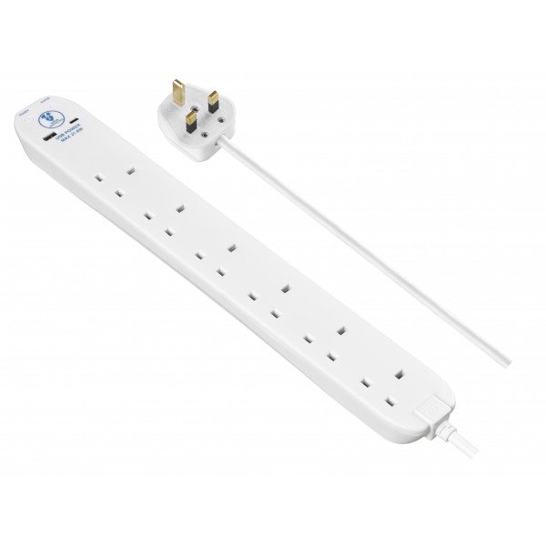 Masterplug - SRGUAC2262N USB Surge Extension Lead Fast Charge USB A & C & 6x13A White 