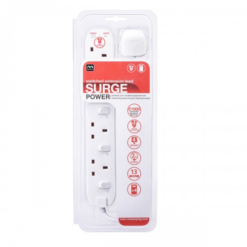 Masterplug SWSRG42N Individually Switched 4 X13A Surge Extension Leads White   