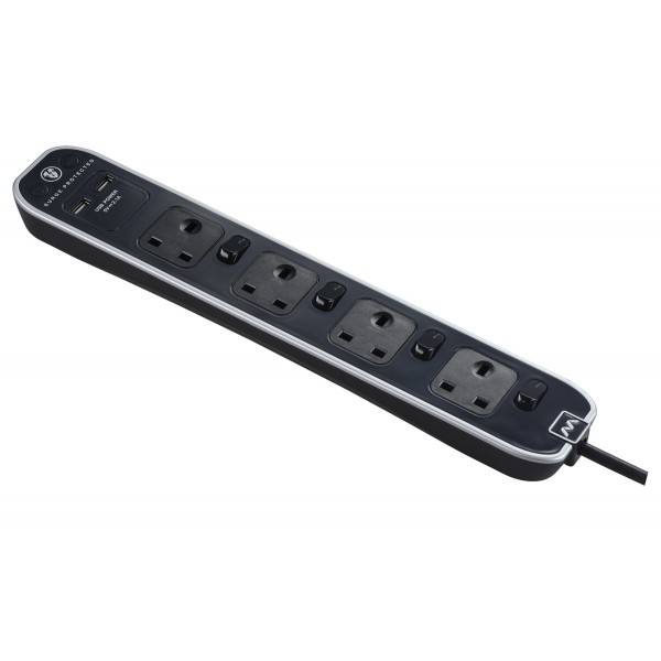 Masterplug SWSRGU42PB Individually Switched Surge 2 X USB 2.1A with 4X13A 2M Extension Lead Black